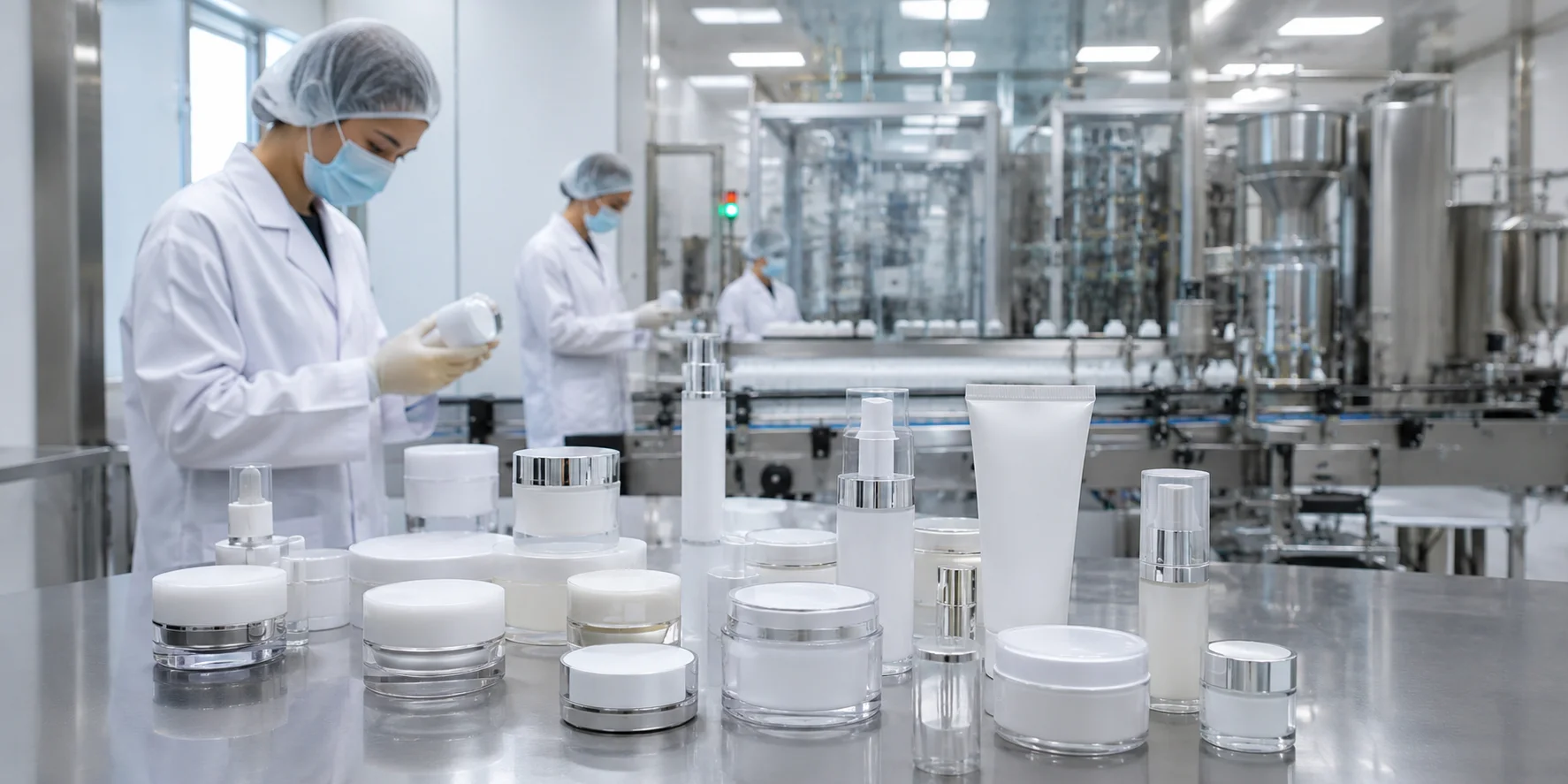 Workers wearing lab coats and hairnets inspect cosmetic containers in a sterile production lab with a visible assembly line.